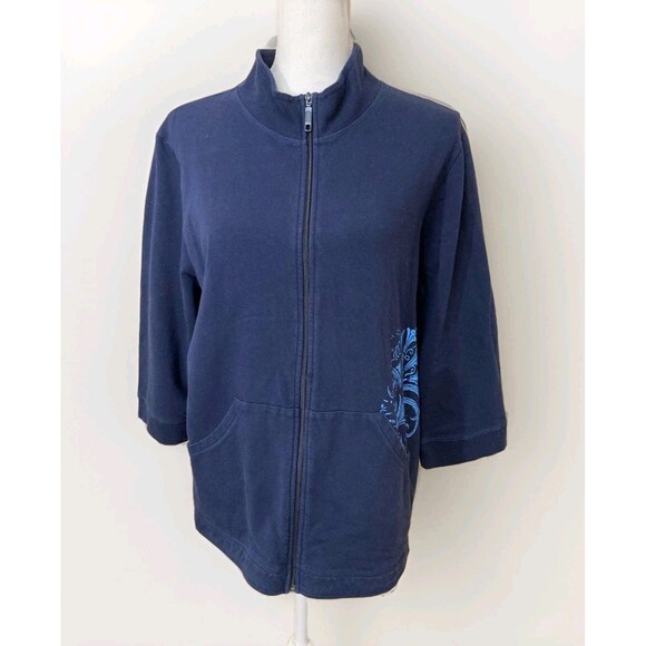 Soma Tops - Soma Jacket Women’s XL Blue Floral Terry Cloth 3/4 Sleeve Zip Casual Lightweight